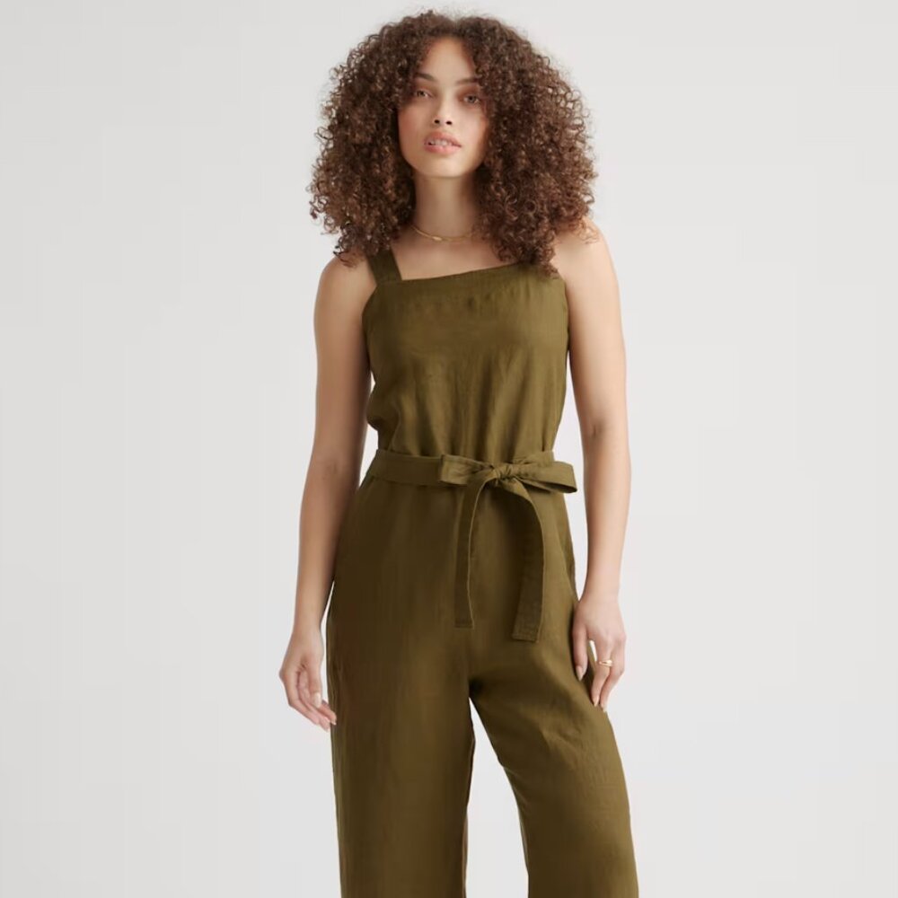 100% European Linen Square Neck Jumpsuit | Martini Olive | Size M